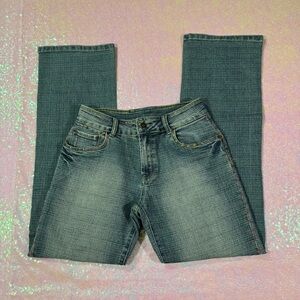 blue floral embroidered patchwork bootcut jeans